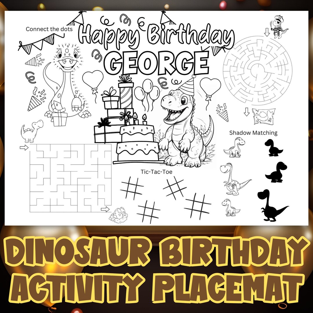 Customized Name Dinosaur Birthday Activities Placemat | Kids Dinosaur ...