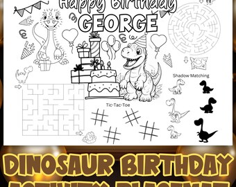 Customized Name Dinosaur Birthday Activities Placemat | Kids Dinosaur Activity Placemat | Coloring Sheets Printable | Mazes | Dot-to-dot etc
