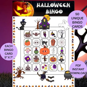 50 Halloween Bingo Cards, 50 unique prefilled game cards, kids party game, Fun Halloween Activity, Halloween Printable, Bingo Party Game