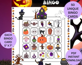 50 Halloween Bingo Cards, 50 unique prefilled game cards, kids party game, Fun Halloween Activity, Halloween Printable, Bingo Party Game