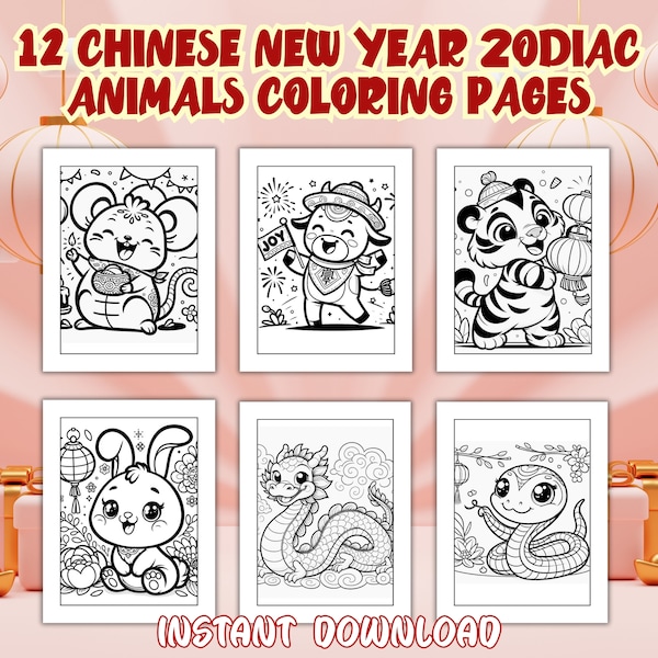 12 zodiac animals, Chinese New Year Coloring Pages, 2024 Year of the Dragon Coloring Sheets, Lunar New Year Coloring Set, Party Activities