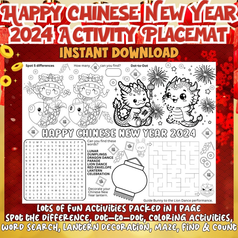 Happy CNY 2024 Activity Placemat, 2024 Lunar New Year Placemat, Year of