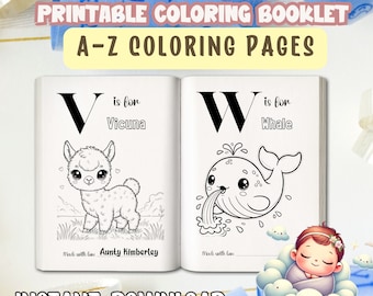 Het eerste ABC-boekje voor je baby, een activiteit voor een babyshower, een gepersonaliseerd alfabet-kleurboek, een leuk aandenken voor de babyshower, een PDF-download en cadeaus voor de baby.