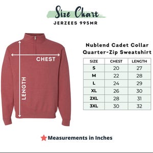 May include: A red quarter-zip sweatshirt with a cadet collar. The image includes a size chart with chest and length measurements in inches. The chart shows sizes S to 3XL, with chest measurements from 20 to 30 inches.