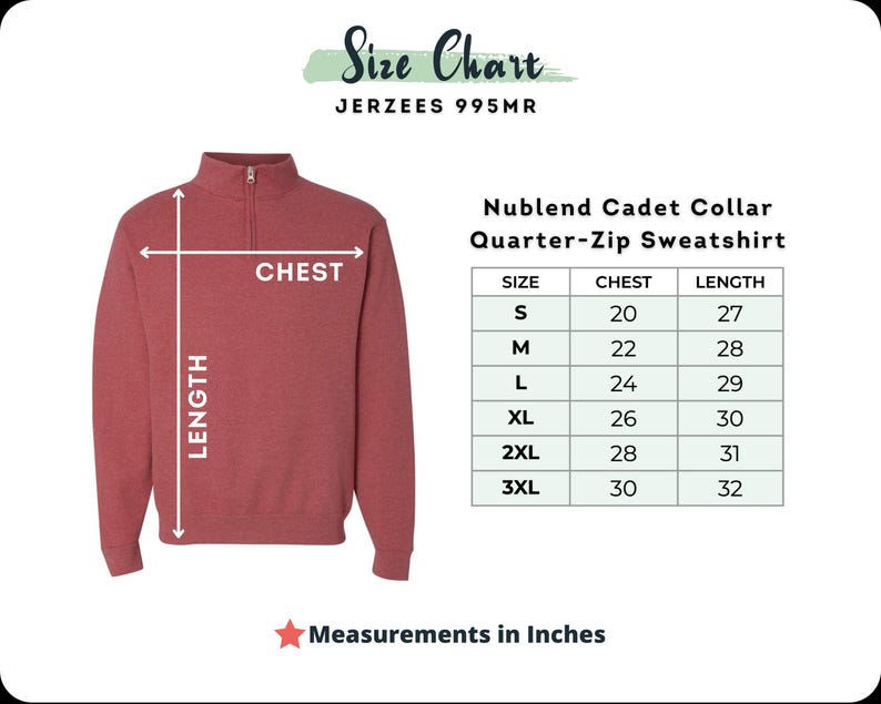 May include: A red quarter-zip sweatshirt with a cadet collar. The image includes a size chart with chest and length measurements in inches. The chart shows sizes S to 3XL, with chest measurements from 20 to 30 inches.