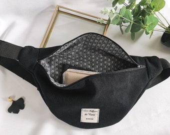 Sac banane velours côtelé noir avec doublure fantaisie noir et blanche