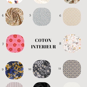 May include: A collection of fourteen fabric swatches with various floral, geometric, and solid patterns. The swatches are arranged in a grid, showcasing a range of colors including pink, blue, yellow, and black. The text "COTON INTERIEUR" is displayed in the center.