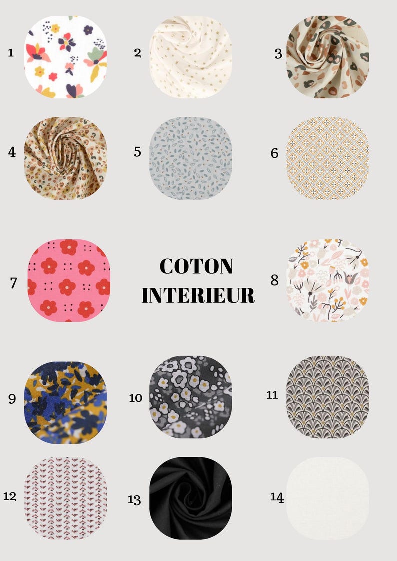 May include: A collection of fourteen fabric swatches with various floral, geometric, and solid patterns. The swatches are arranged in a grid, showcasing a range of colors including pink, blue, yellow, and black. The text "COTON INTERIEUR" is displayed in the center.