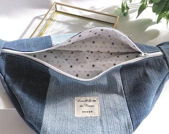 Upcycled denim fanny pack, unique piece, fancy interior fabric