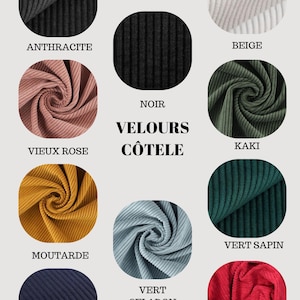 May include: A color palette of corduroy fabric swatches in various colors, including black, beige, and green. The text "VELOURS C&Ocirc;TELE" is displayed in the center. Other colors include pink, yellow, blue, and red.