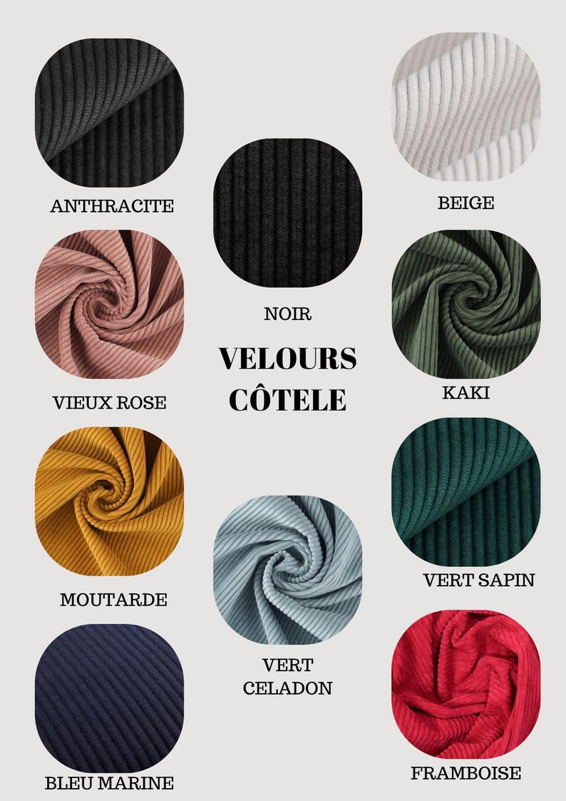 May include: A color palette of corduroy fabric swatches in various colors, including black, beige, and green. The text "VELOURS C&Ocirc;TELE" is displayed in the center. Other colors include pink, yellow, blue, and red.