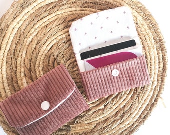 Credit card holder in pink corduroy 3 compartments with snap closure