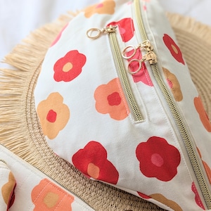 Coral and beige floral cotton canvas fanny pack