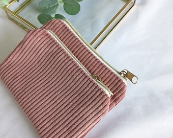 coin purse in old pink corduroy with zipper