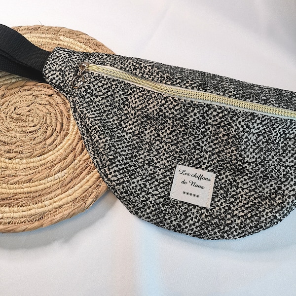 Sac banane femme en tissu tweed noir et beige