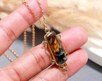 Handcrafted Pietersite Pendant, Gold Wire Wrapped Blue Golden Brown Gemstone Necklace