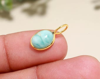 Genuine Larimar Gold Bezel Pendant, Handmade Blue Larimar Necklace Charm, Minimalist Gold Jewelry, Caribbean Stone Gift for Her