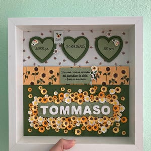 May include: A framed artwork with a white border, featuring a green and yellow sunflower design. The name "TOMMASO" is displayed prominently. The artwork includes three heart-shaped cutouts with measurements and dates.