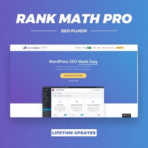 May include: A digital interface for the Rank Math Pro SEO plugin for WordPress. The screen displays the text Rank Math Pro, WordPress SEO Made Easy, and Download For Free. A dashboard view shows settings for Search Console, Schema, and Local SEO.