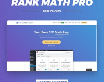 Op de afbeelding: Een digitale interface voor de Rank Math Pro SEO-plugin voor WordPress. Het scherm toont de tekst Rank Math Pro, WordPress SEO Made Easy en Download For Free. Een dashboardweergave toont instellingen voor Search Console, Schema en Local SEO.