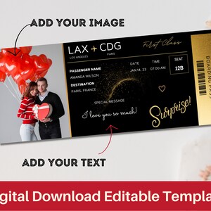 Valentine&#39;s Surprise Boarding Pass Ticket, Editable Boarding Ticket Template, Canva Plane Ticket Template Vacation Flight Trip Gift Fake