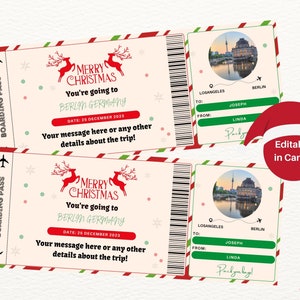 Bearbeitbare Weihnachts-Bordkarte-Vorlage, druckbare Weihnachts-Flugkarte, Überraschungsreise-Vorlage, Flugticket-Weihnachtsgeschenk-Idee