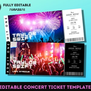 Printable Concert Ticket Template, Editable Concert Ticket Gift, Event Ticket Template, Custom Concert Tickets, Birthday Gift Idea for Her