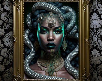 Ayida-Wedo, impressão artística da deusa africana, deusa da fertilidade do Haiti, deusa negra, decoração de parede da deusa cobra, vodu loa da fertilidade