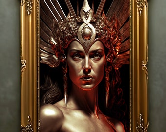 Pode incluir: Uma mulher com uma coroa dourada e reflexos vermelhos no cabelo. Ela está vestindo uma roupa dourada e tem uma expressão séria no rosto.