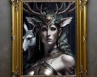Artemis, wildlife goddess art print, Greek goddess of nature diety mythology poster, deer goddess wall decor, boho home decor matte poster