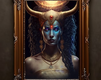 Hathor Art Print, Egyptian Goddess Poster, Horned Cow Goddess