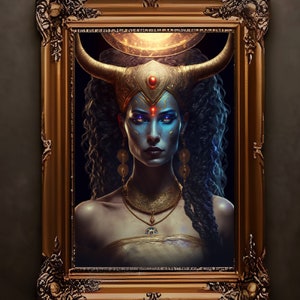 Hathor, diosa egipcia del amor, la música y el arte de la alegría, hermosa impresión de arte de la diosa de la vaca con cuernos, cartel de Hathor, dioses de la mitología egipcia