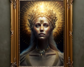 May include: A woman with long blonde hair wears a gold crown and a gold necklace. She is framed in a gold ornate picture frame against a dark background.
