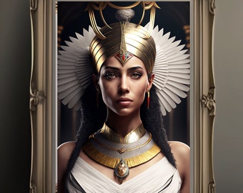 May include: A portrait of a woman wearing a gold and white headdress with intricate details. She is wearing a white dress and gold jewelry. The portrait is framed in a gold ornate frame.