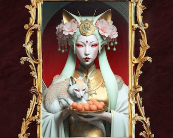 Inari Okami Art Print, Japanese Fox Goddess, Asian Mythology Wall Art