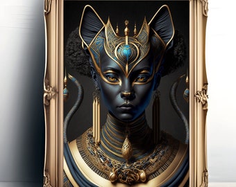 May include: A digital painting of a woman with dark skin wearing a gold and blue headdress with cat ears. The woman has a serious expression and is looking directly at the viewer. The background is dark.
