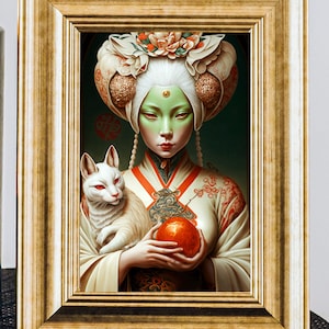 Ukemochi, Japanese goddess of food wall art, kitsune art print, cute asian goddess, japanese mythology