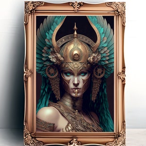 May include: A digital painting of a woman with teal blue wings and a gold helmet. She is wearing a gold necklace and has a serious expression on her face.