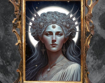 Selene, Greek goddess of the moon wall art, mythical goddess art print, Selene poster, art nouveau mythological goddess digital art