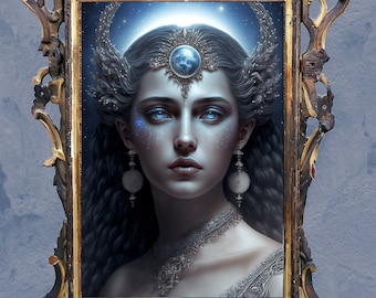 Selene Moon Goddess Art Print, Mythical Art Nouveau Poster