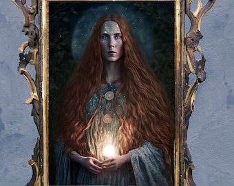 May include: A framed painting of a woman with long red hair, wearing a blue dress and holding a glowing orb in her hands. The background is a dark forest with a moon in the sky.