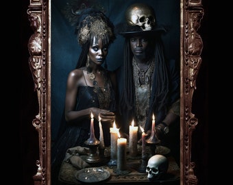 Mamam Brigitte and Baron Samedi - Haitian voodoo lovers wall art, voodoo couple poster, goth couple, African mythology, beautiful black loa