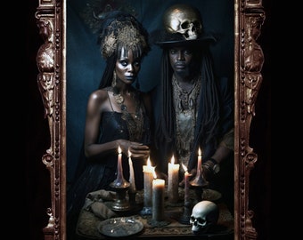 Mamam Brigitte e Baron Samedi - arte de parede para amantes do vodu haitiano, pôster de casal vodu, casal gótico, mitologia africana, lindo loa preto