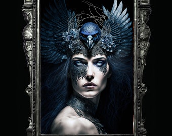 May include: A woman with dark hair and blue eyes wears a crown with a blue bird on top. The crown is made of feathers, flowers, and vines. The woman's eyes are outlined in black and she is wearing a dark, lacey outfit.