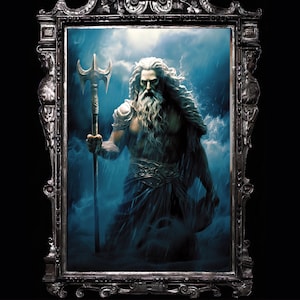 Poseidon - Greek god of the sea and earthquakes, oceanic power poster, Roman god Neptune, Greek mythology, Poseidon poster, Hellenic deity