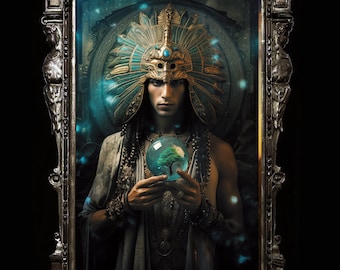 May include: A man wearing a gold and blue headdress holds a glass orb with a green tree inside. The orb is surrounded by a blue and white glow. The man is wearing a beaded necklace and bracelets.