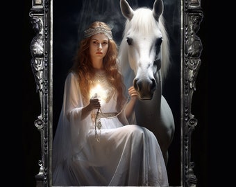 Rhiannon - Celtic goddess of innocence wall art, love goddess poster, beautiful Welsh goddess, Irish mythology, art nouveau female
