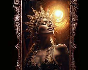May include: A woman wearing a gold crown and a gold sequined dress, with a bright light shining behind her.