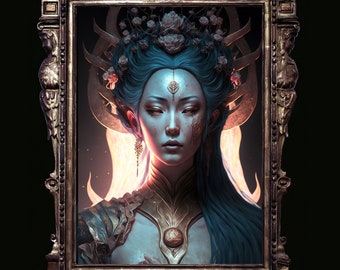 Guanyin Goddess Art Print, Buddhist Mythology Poster