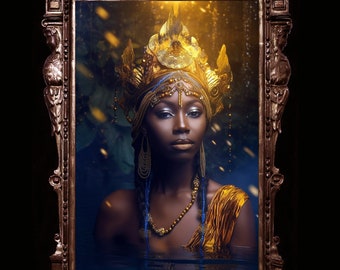 Oshun, deusa iorubá da arte da parede do rio, lindo pôster da deusa negra, mitologia africana, loa vodu haitiano, orixá iorubá
